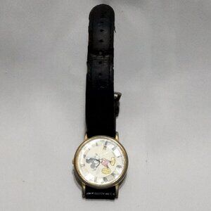 Vintage Disney Pulsar Mickey Mouse Mother of Pearl Watch Black Leather
